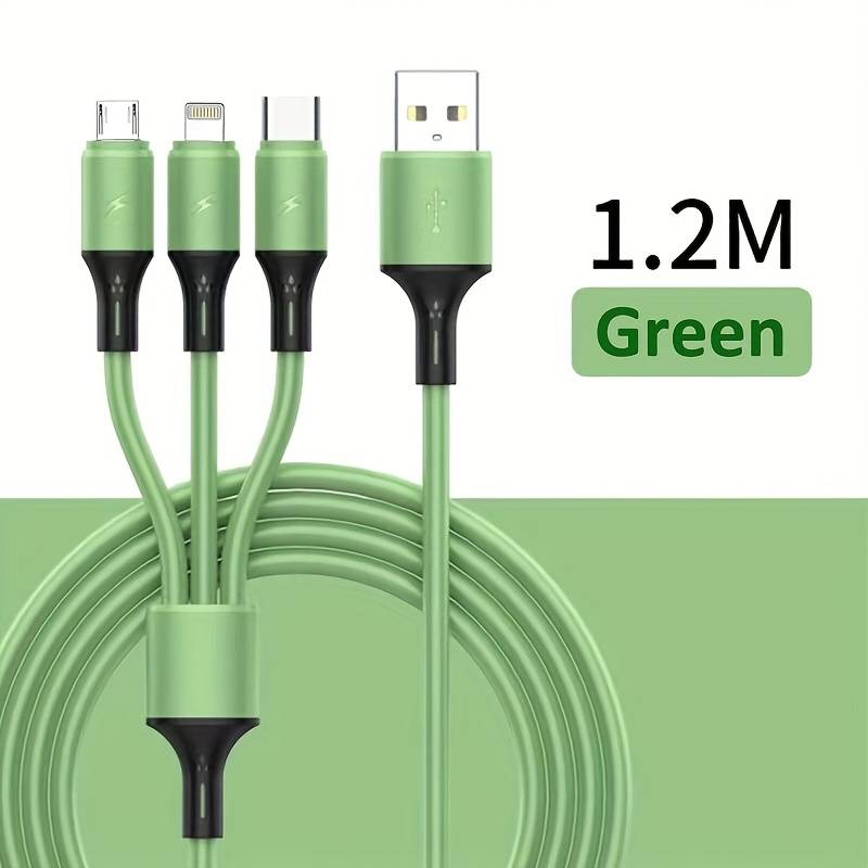 1pc 3-in-1 Macaron Charging Cable with Type-C Micro USB-C Silicone Matte Round Cable Male to