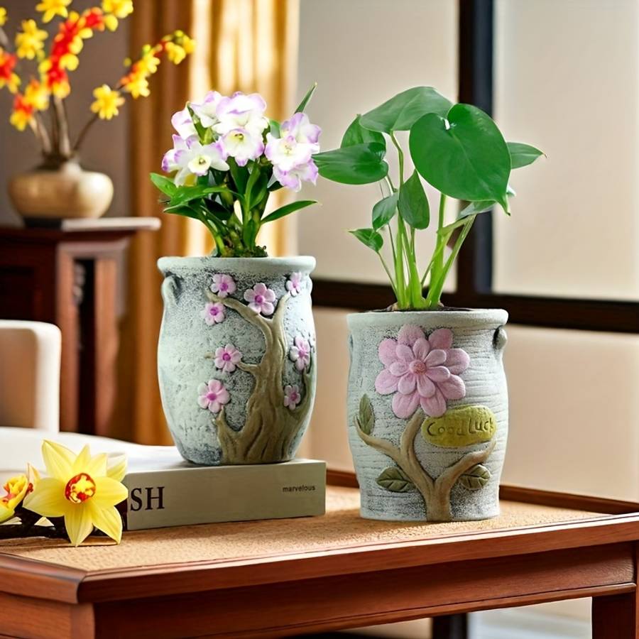 Flowerpot Style Hand Painted Flowers Laozhuang 4Pcs