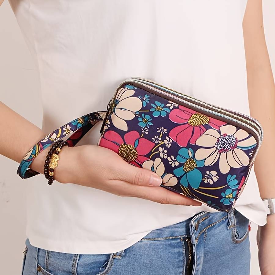 Elegant Floral Printed Polyester Wristlet Wallet Large Capacity Zippered Clutch Bag Lightweig