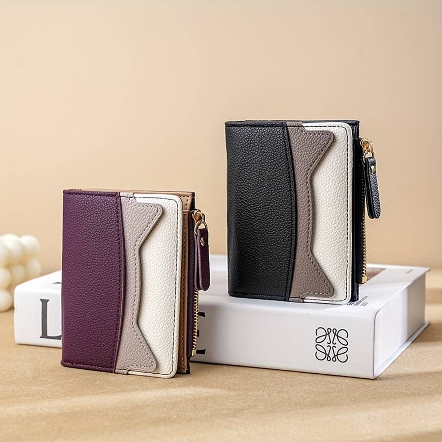 Litchi Texture Wallet Women'S Short Bifold Purse Creative Zipper Multicolor Patchwork Coin