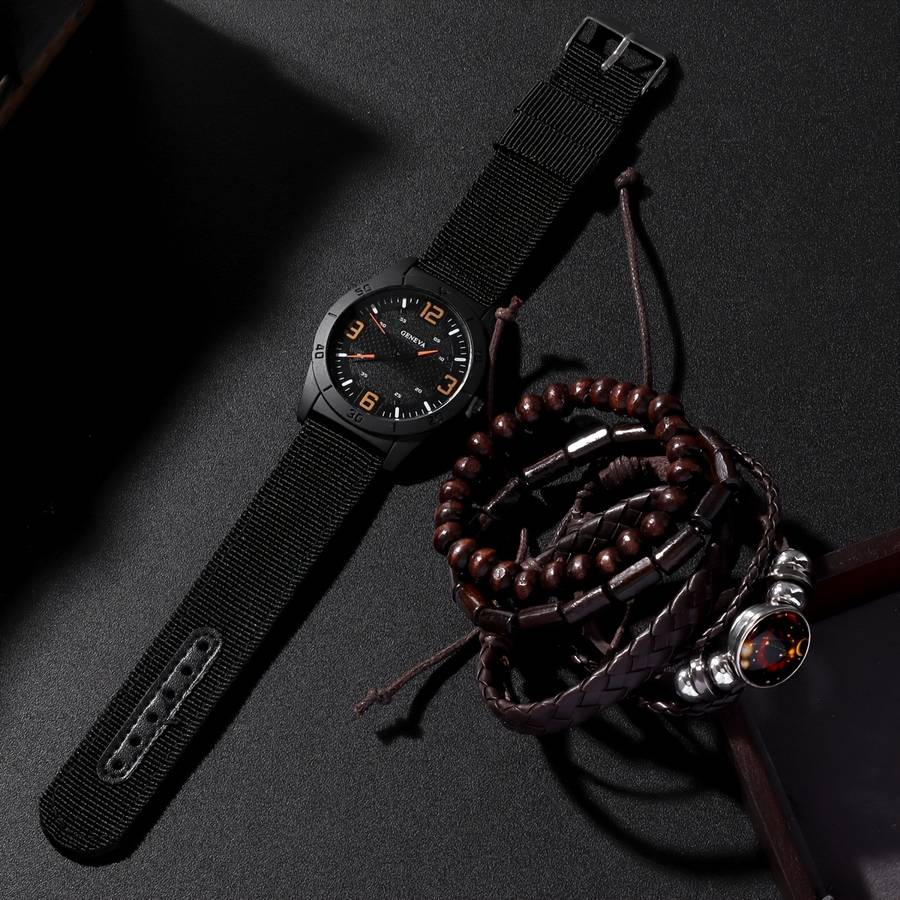 5Pcs Fashion Casual Elegant Round Retro Canvas Strap Quartz Men Watch