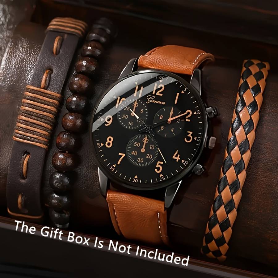 4Pcs Men Fashion Quartz Watch Set With Brown Faux Leather Strap
