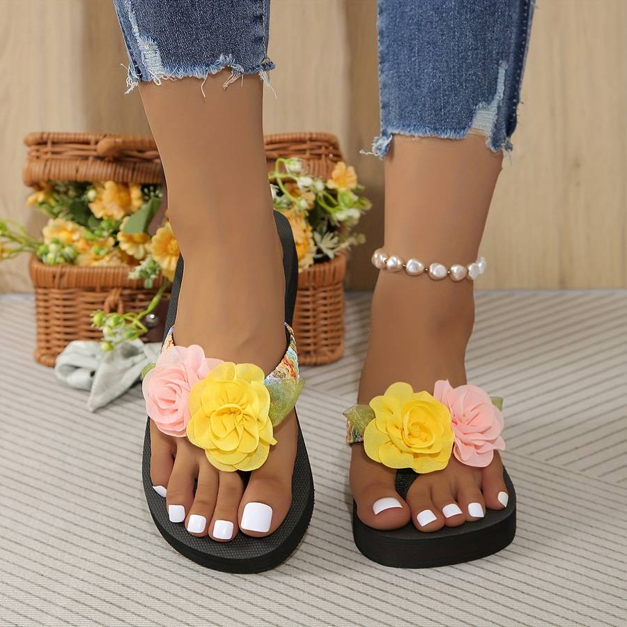 Ladies Summer Flip Flops Yellow Pink Uk 4