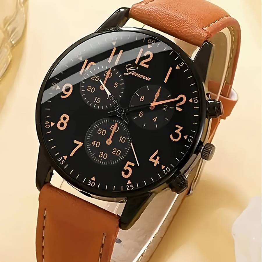 4Pcs Men Fashion Quartz Watch Set With Brown Faux Leather Strap