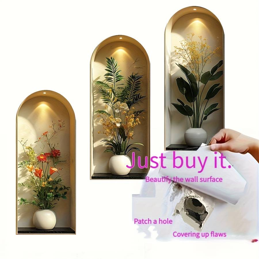 3PCS Nordic Textured Set Wall Stickers Fresh Green Plant Pot Bedroom