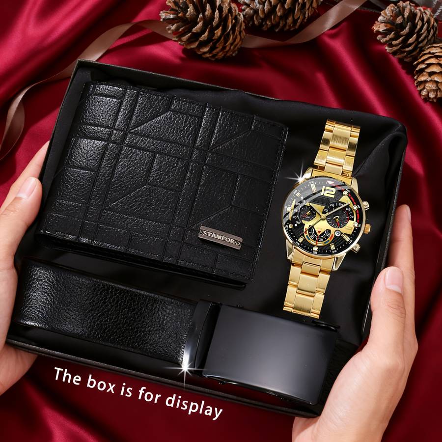 3Pcs Classic Men Watch Belt Wallet Set Fashionable Light Luxury Business
