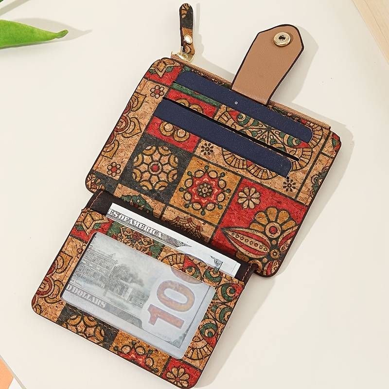 1pc Vintage-Style Slim Zipper Wallet with Multiple Card Slots Coin Purse Ultra-Light Cork Materi