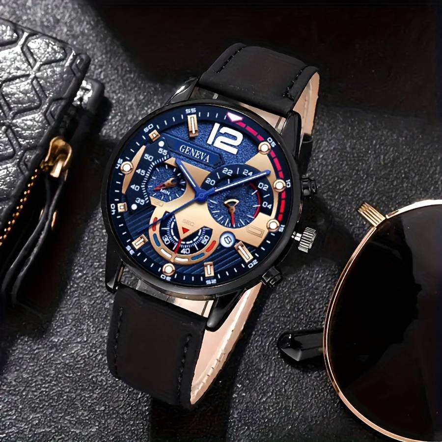4Pcs Men Luxury Analog Watch Jewelry Suite With Calendar Quartz Movement