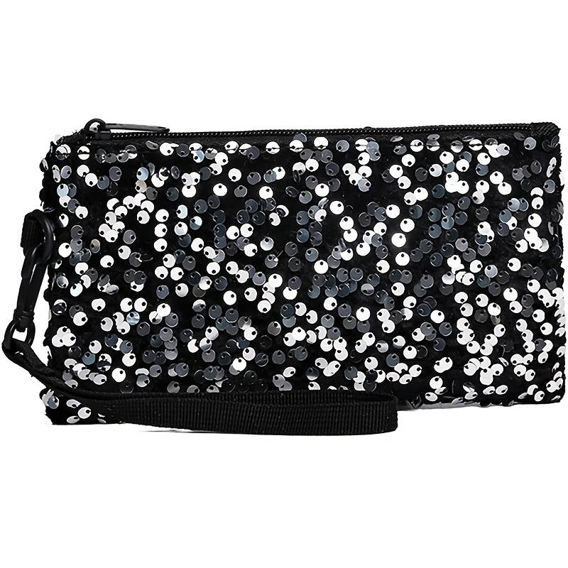 1pc Women's Black Sequin Clutch WalletLong Zippered Phone Bag with Adjustable Strap Stylish Wri