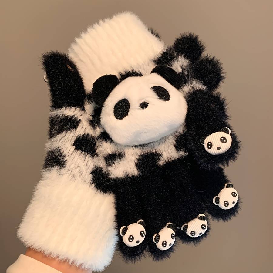 Vintage Ergonomic Soft And Cute Panda Plush Gloves For Women Winter Touchscreen