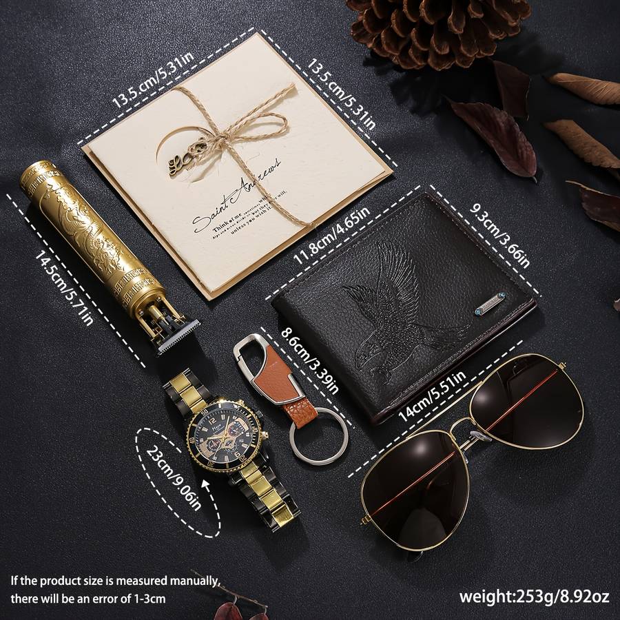 7Pcs Men Luxury Business Gift Set Elegant Watch Wallet Glasses Keychain