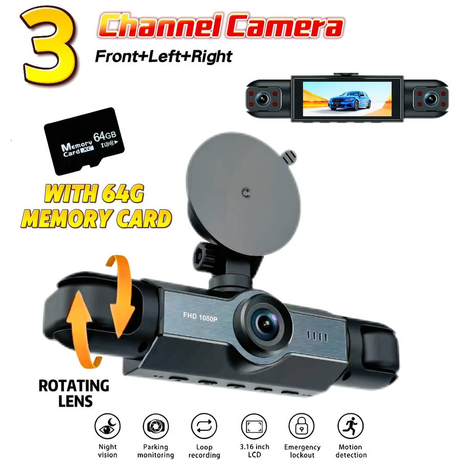 Dashcam Model 3 Cameras Front Left And Right Of The Car Including 128G Card