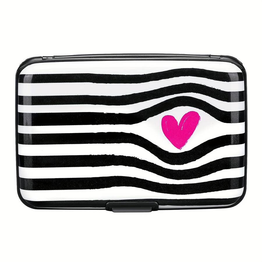 1pc RONG REN HUI Mini RFID Blocking Wallet Black and White Striped Heart Design Compact Metal Ca