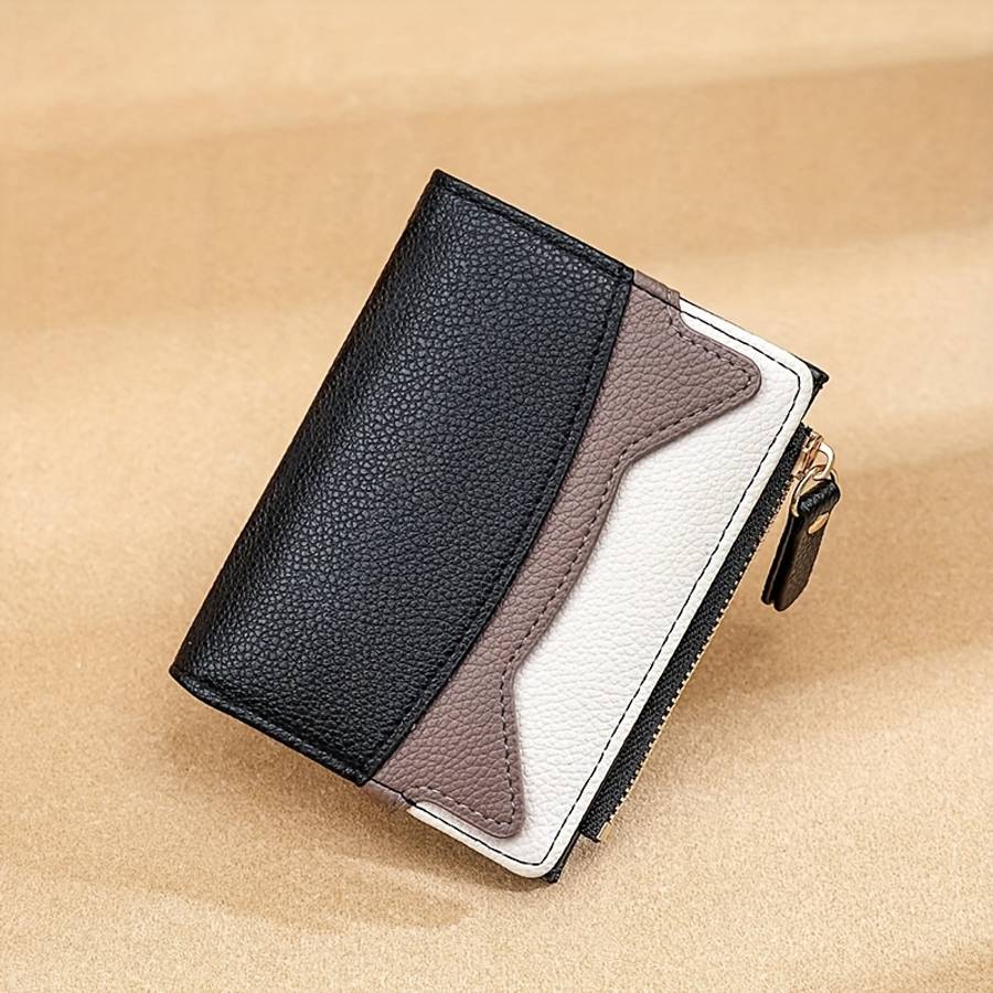 Litchi Texture Wallet Women'S Short Bifold Purse Creative Zipper Multicolor Patchwork Coin