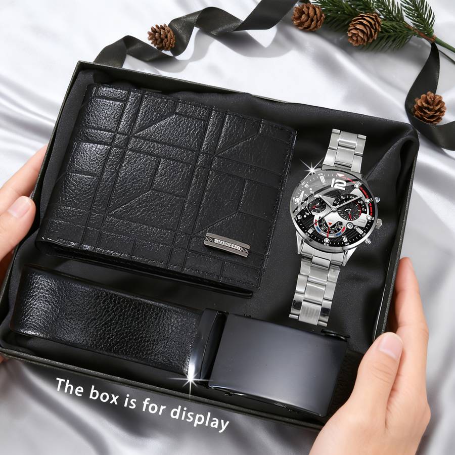 3Pcs Classic Men Watch Belt Wallet Set Fashionable Light Luxury Business