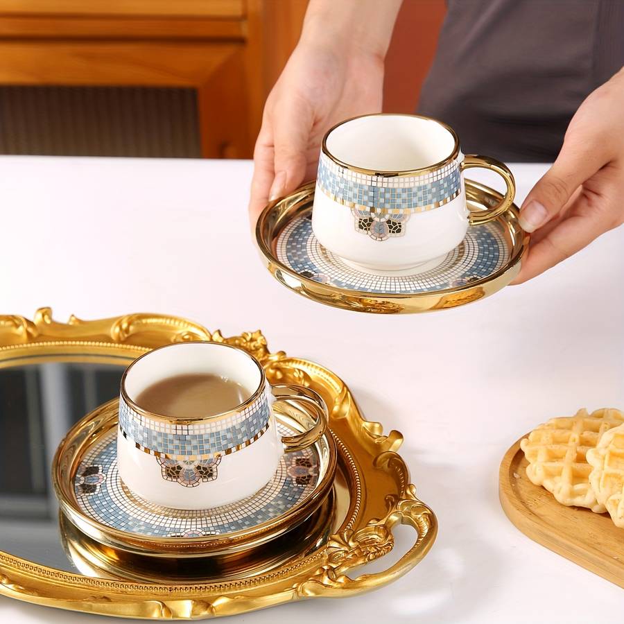 Water Cup Capacity 170Ml 574Oz Gold Rimmed Checkered 6 Cup Saucer