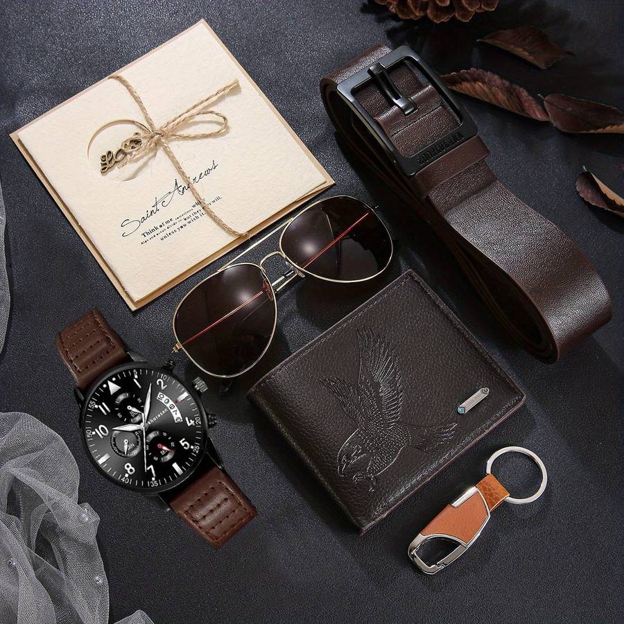 7Pcs Men Set Watch Wallet Belt Keychain Greeting Card Glasses Faux