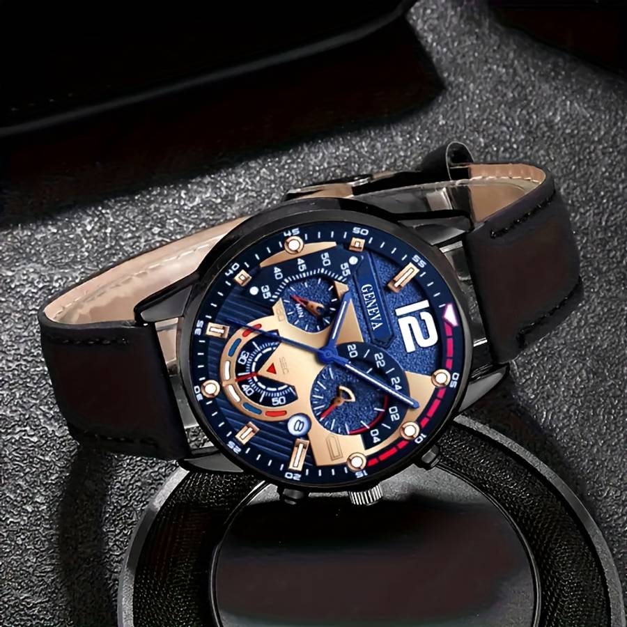 4Pcs Men Luxury Analog Watch Jewelry Suite With Calendar Quartz Movement
