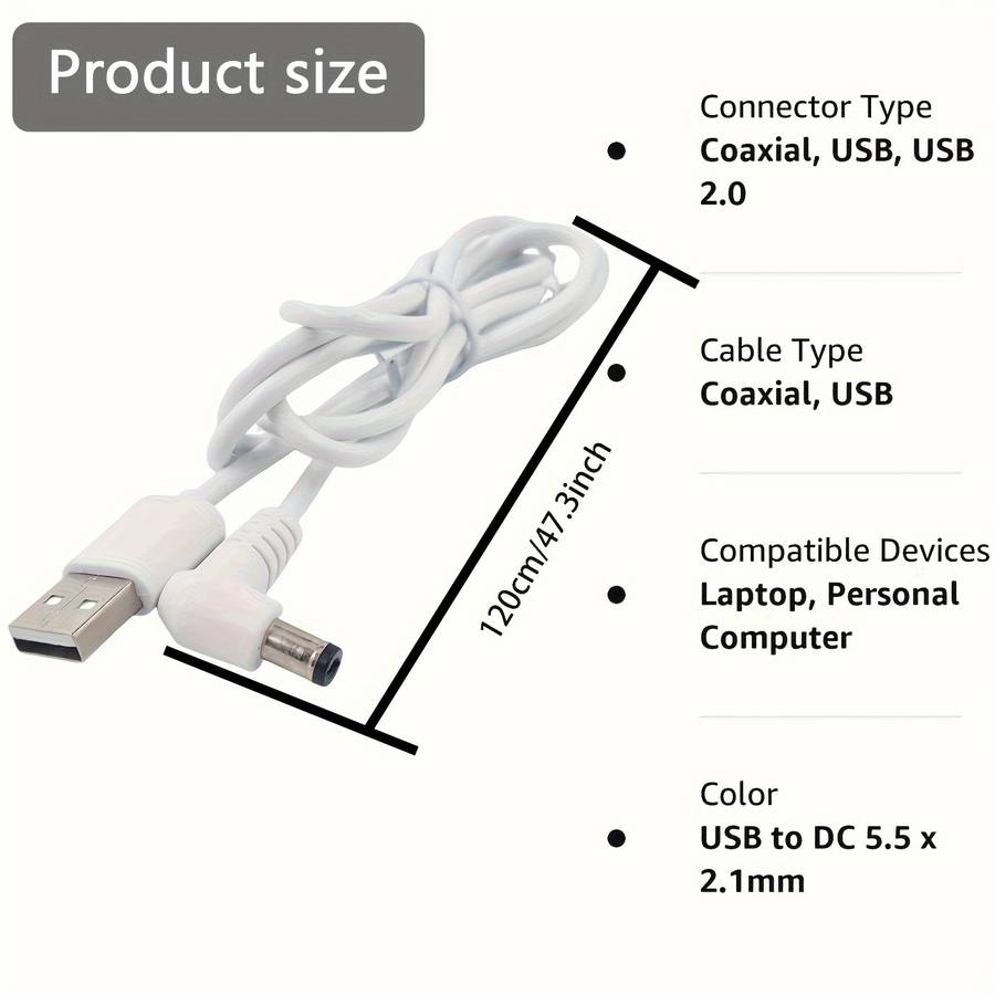 1-Pack Usb 2.0 Type A Male To Dc 5.5x2.1mm Barrel Jack Charging Cable