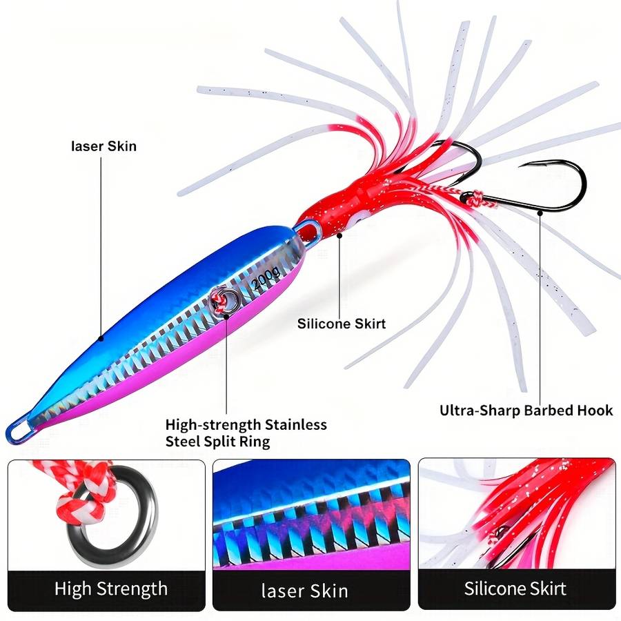 1pc 200g Glow-in-the-Dark Slow Pitch Jigging Lure with Silicone Skirt Dual Hooks