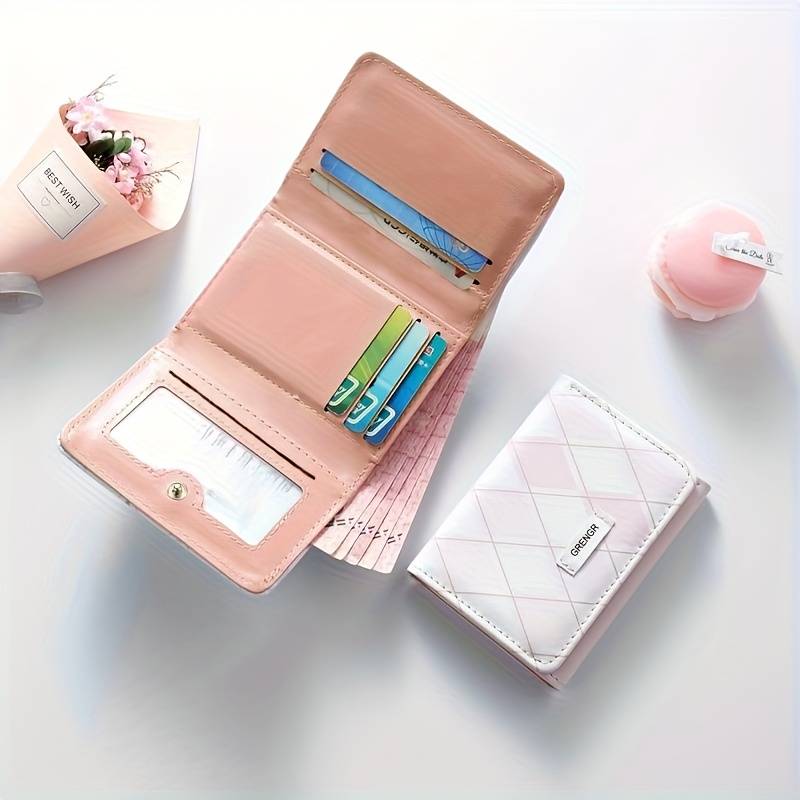 1pc Minimalist Fashion Plaid Wallet PU Material Pink Blue Colors Zipper Closure Foldable