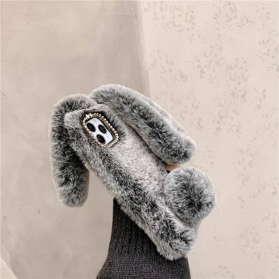 1Pc Grey For iPhone 14 Cute Rabbit Plush Phone Case