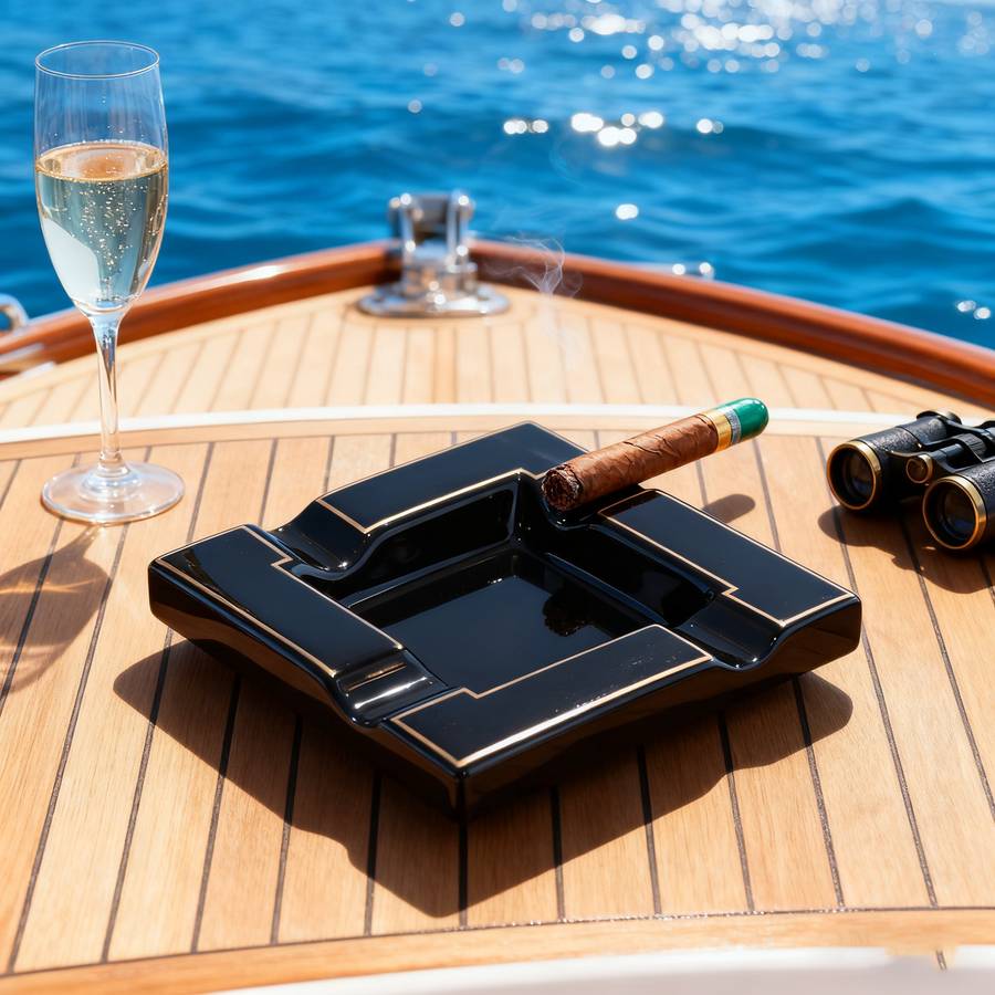 Heavy Duty Luxury Black Golden Ceramic Ashtray With Smoke Slot Design Black
