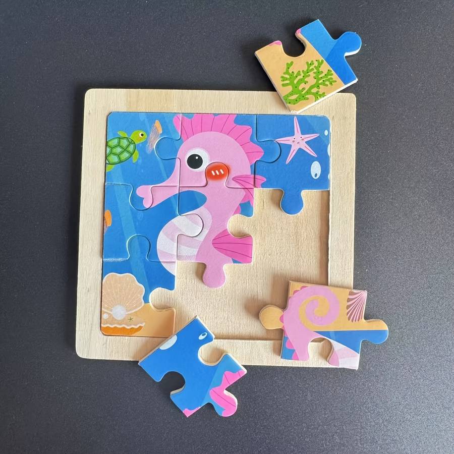 1pc Ocean-Themed Wooden Puzzle Board with Colorful Marine Life Pieces Educational T