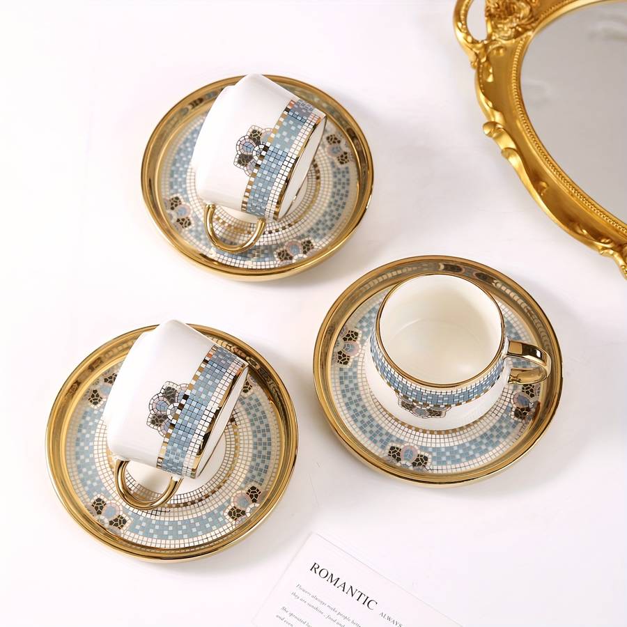 Water Cup Capacity 170Ml 574Oz Gold Rimmed Checkered 6 Cup Saucer