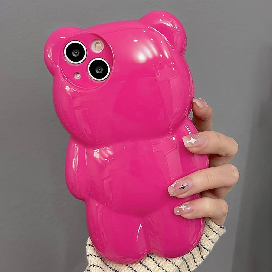 1Pc Rose Red For iPhone 14 Pro Max 3D Hot Pink Bear Phone Case