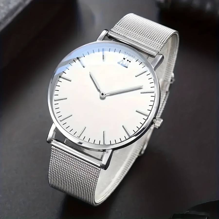 Premium Men Business Quartz Watch With Strap Silvery With White