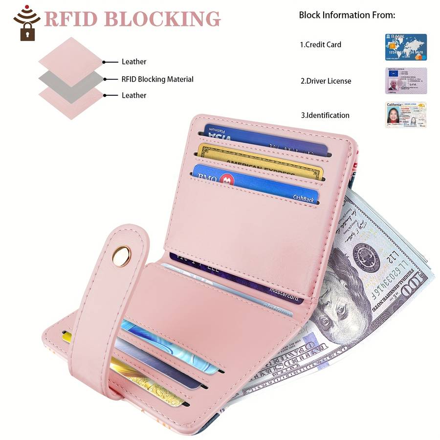 Women'S Compact Bi-Fold Wallet With Floral Print Rfid Blocking Pink Synthetic Faux Leather Ca