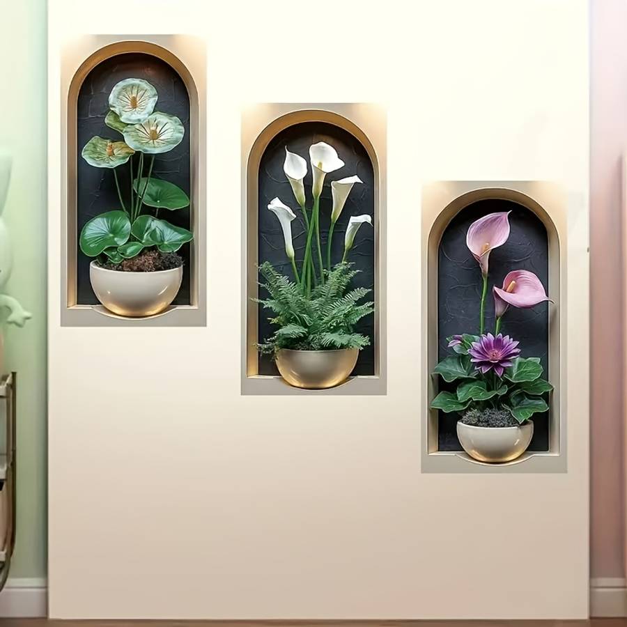 3Pcs Durable Green Plant And Floral Bonsai Art Set Wall Interior Design