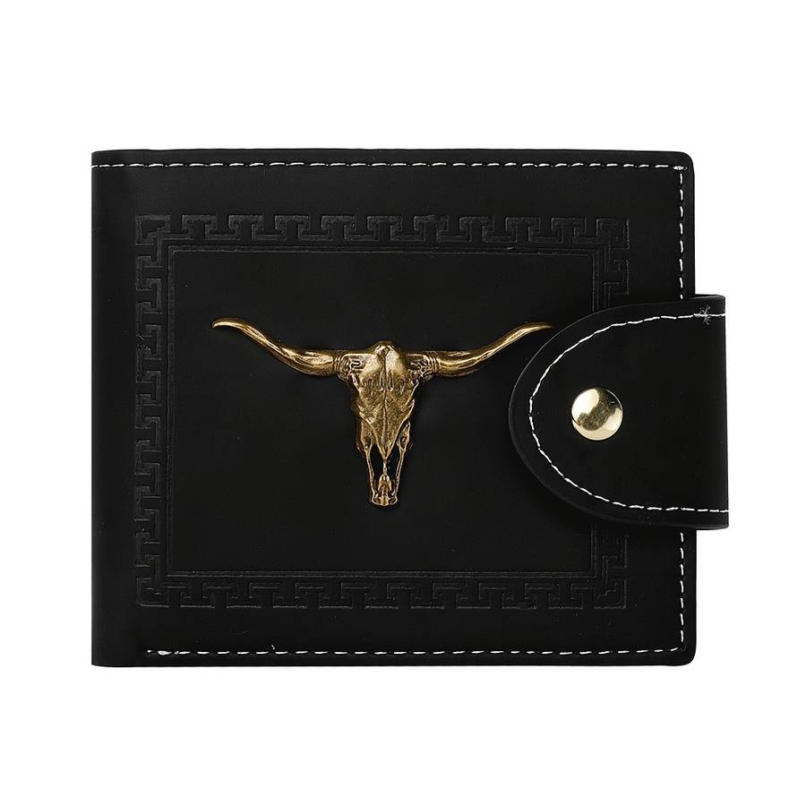 Men'S Premium Black Wallet With Golden Geometric Skull Design Embossed Court Style Multiple