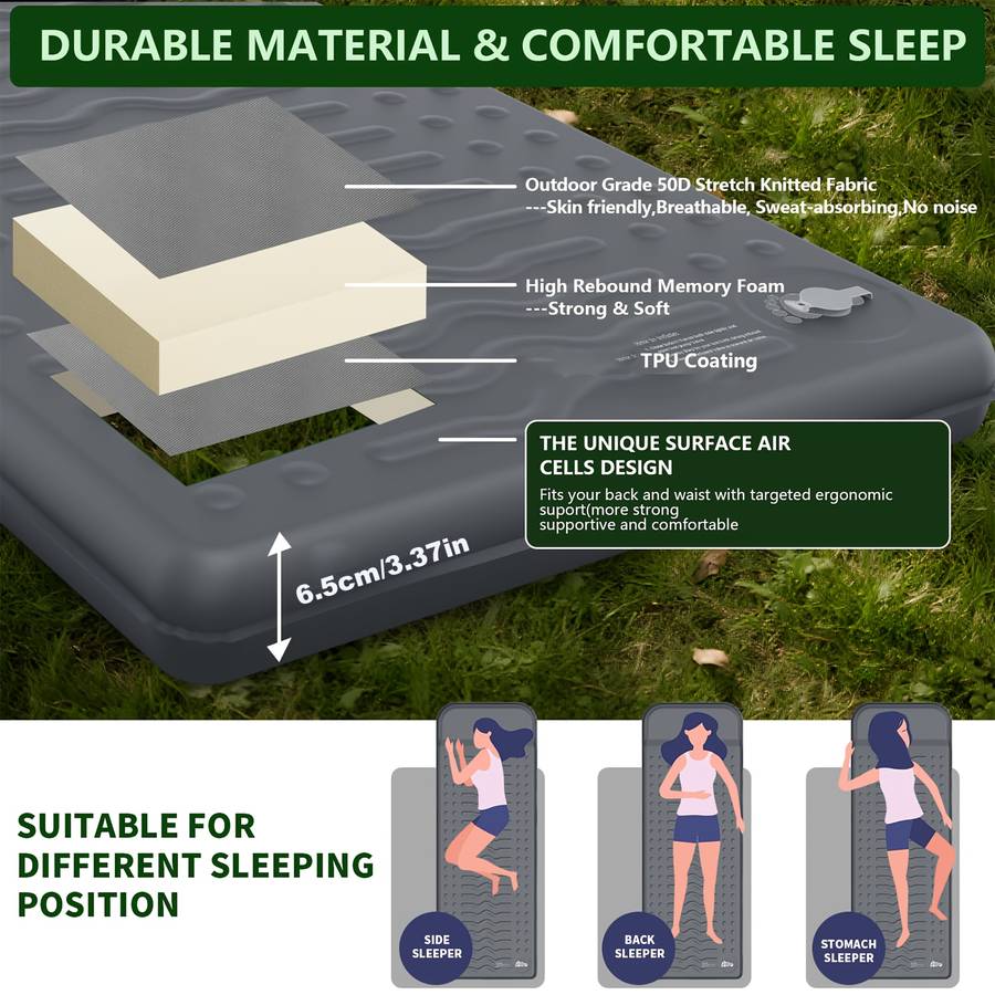 Fanccss Memory Foam Sleeping Pad Extra Thick Foam Easy To Inflate Defl Gray 3