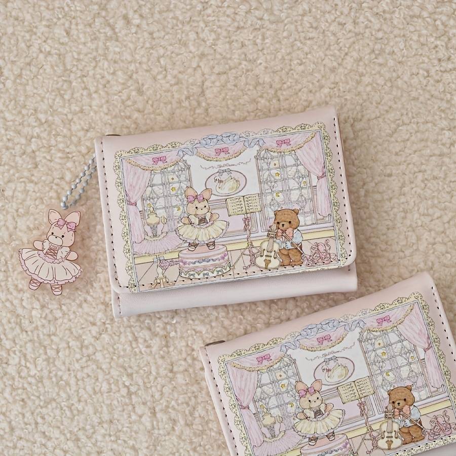 Cute Cartoon Design 3-Fold Wallet With Anti-Magnetic Features Multiple Card Slots Zipper Clos