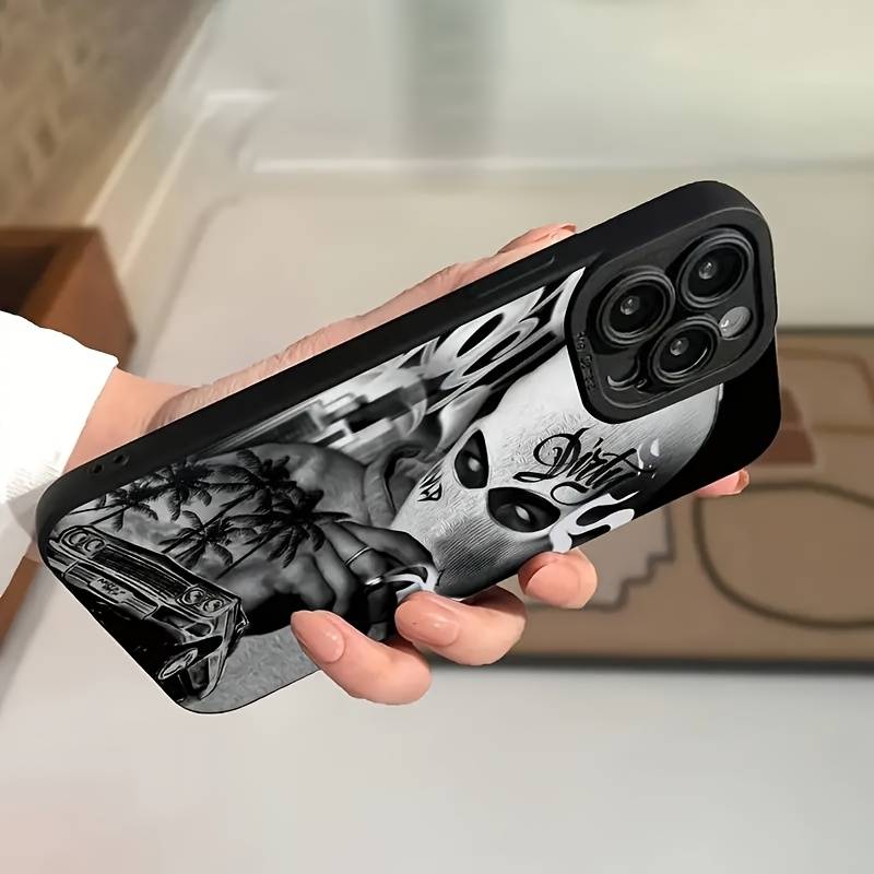 1Pc Black For iPhone 15 Pro White Skull Phone Case