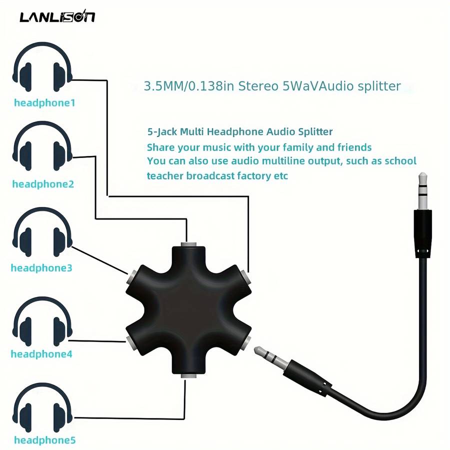 1pc 3.5mm Audio Splitter Cable Share Music with 5 Headphones Durable ABS Available in White