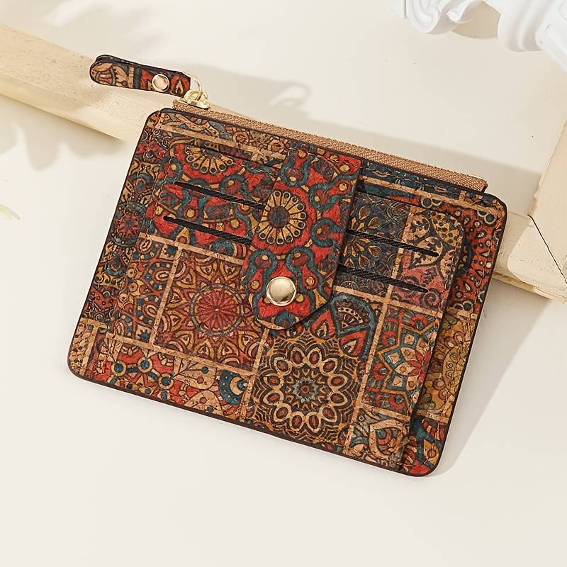 1pc Vintage-Style Slim Zipper Wallet with Multiple Card Slots Coin Purse Ultra-Light Cork Materi
