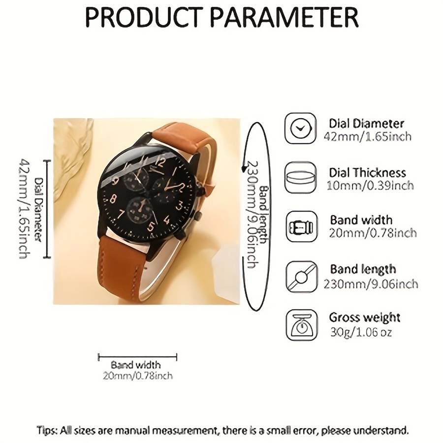 4Pcs Men Fashion Quartz Watch Set With Brown Faux Leather Strap