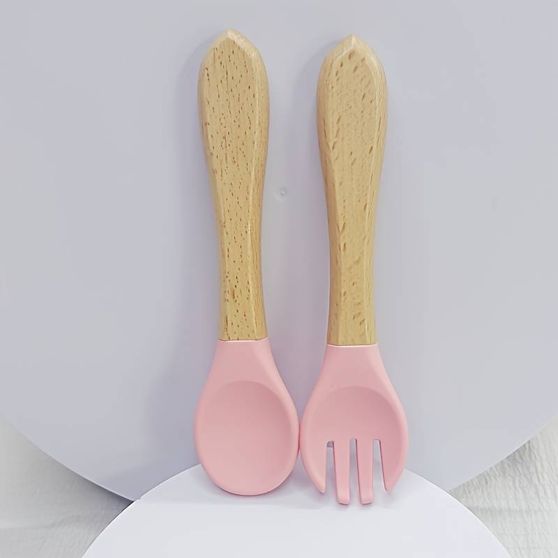 2pcs Customer Favorite 100% Food Grade Silicone Spoon and Fork with Wooden Handle BPA Free Su