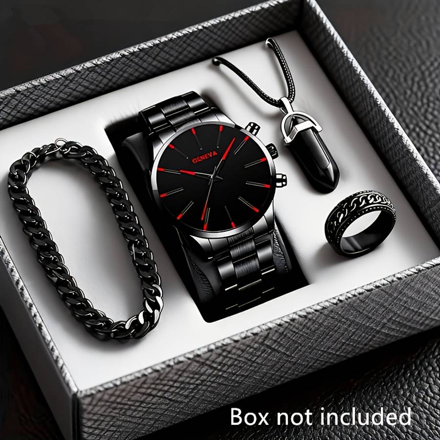 4Pcs Fashion Men Round Quartz Watch Set With Stainless Steel Strap