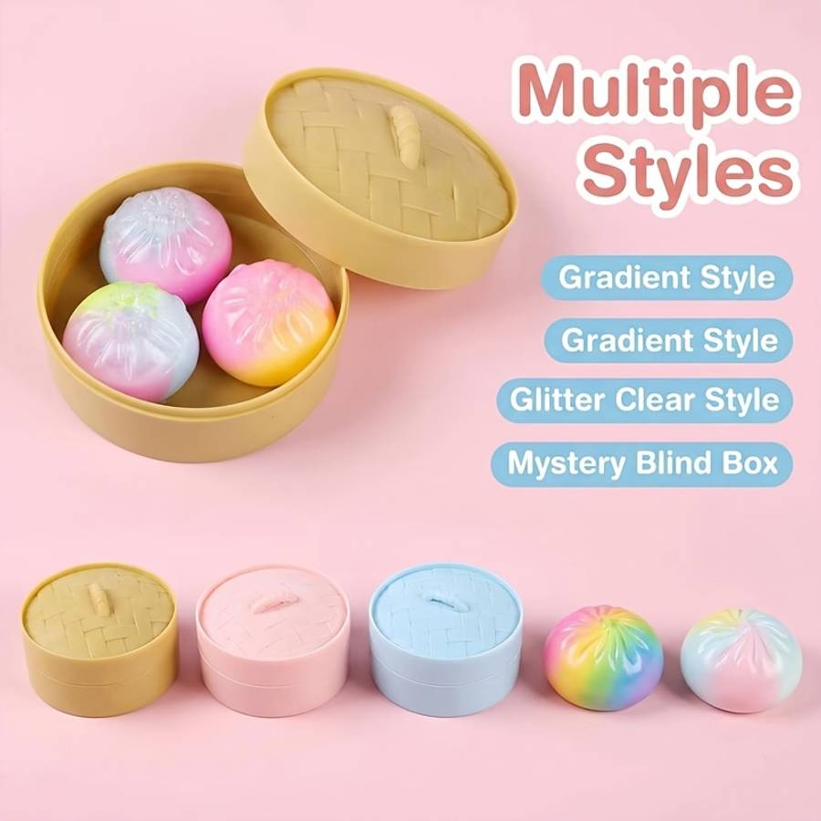 Squeezable Toys Items Type A 5 Piece Set 3 Steamed Buns In Random Colors 1 Lid 1 Steamer