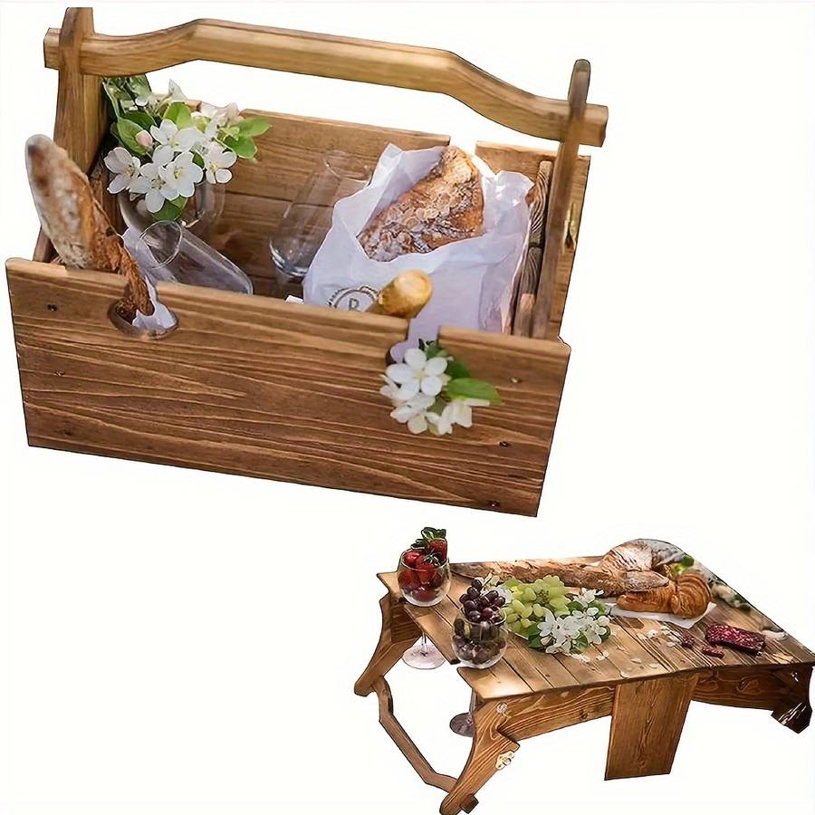 1 Portable 2 In 1 Wooden Folding Table Picnic Basket Convertible Storage Organ