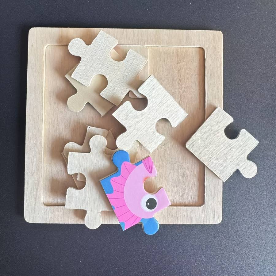 1pc Ocean-Themed Wooden Puzzle Board with Colorful Marine Life Pieces Educational T
