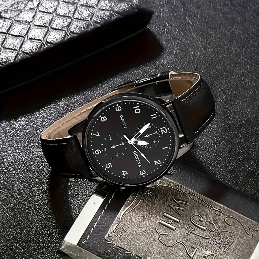 4Pcs Classic Quartz Men Watch Zinc Alloy Case Faux Leather And