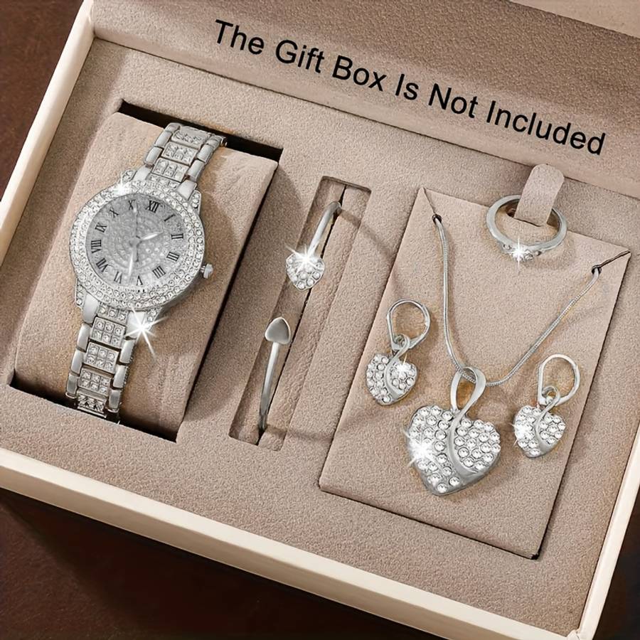 Classic Women Quartz Watch Simple Jewelry 1864 Silvery Set 6 Piece Womens