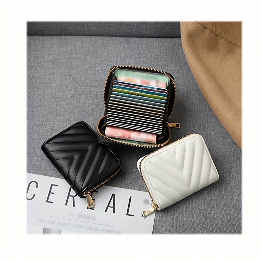 Elegant Black Zipper Wallet With Quilted Designlarge Capacity Multiple Card Slots Coin Poc