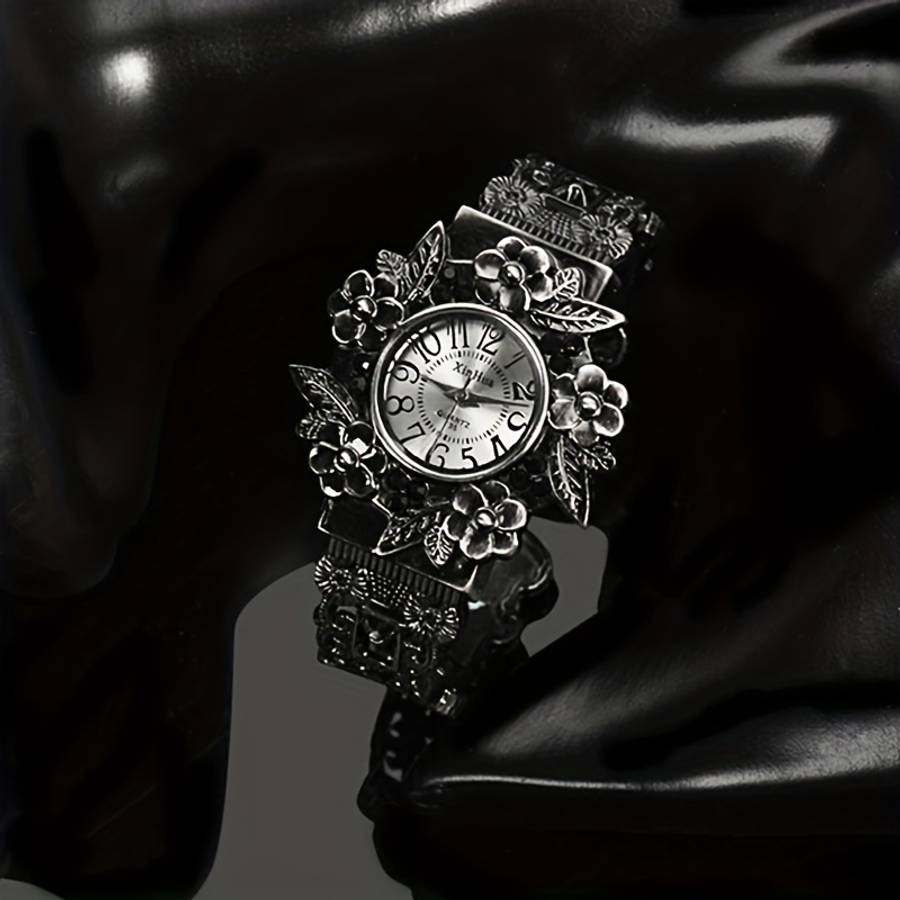 Vintage Women Bracelet Watch 3D Floral Leaf Quartz Wristwatch Black