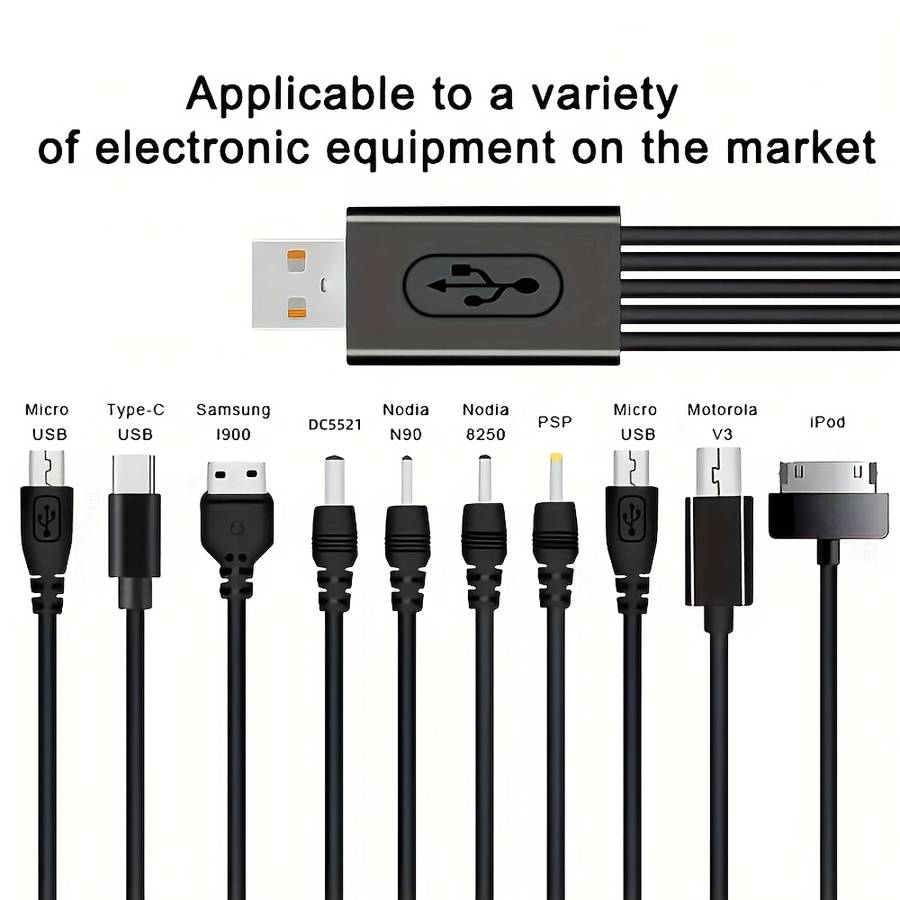 1pc 10-in-1 USB Charging Cable Set PVC Matte Round Cable 21cm USB Male to Female 5-10W Powe